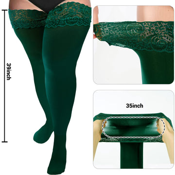 55D Semi Sheer Silicone Lace Stay Up Thigh Highs Pantyhose-Green