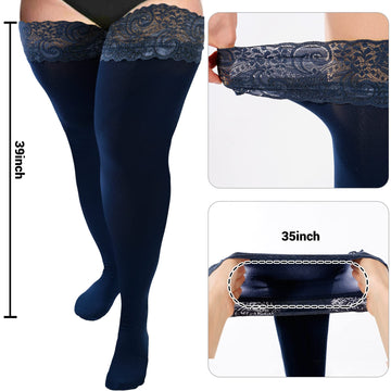 55D Semi Sheer Silicone Lace Stay Up Thigh Highs Pantyhose-Navy Blue
