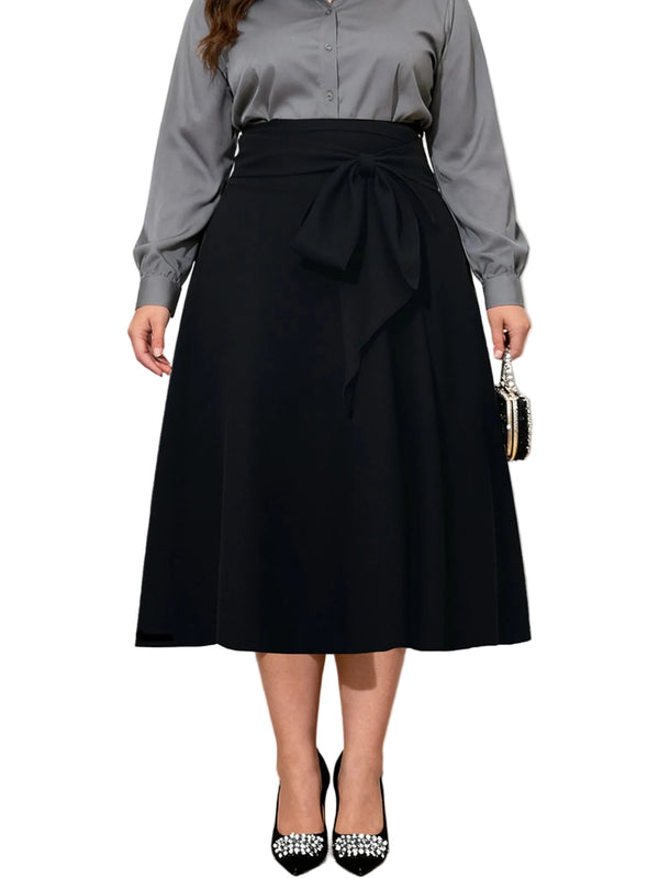 Black plus size midi skirt with tie-belt bow at waist, A-line fit