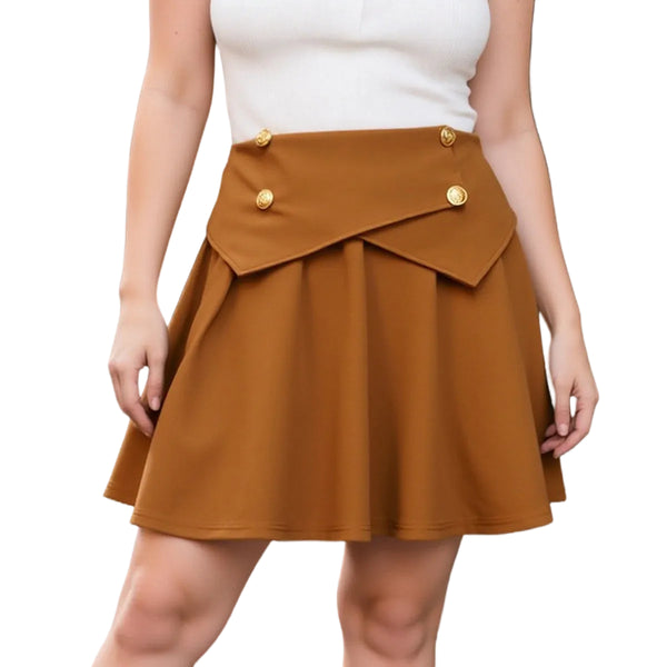 Brown high-waist mini skirt with layered flap and round gold buttons