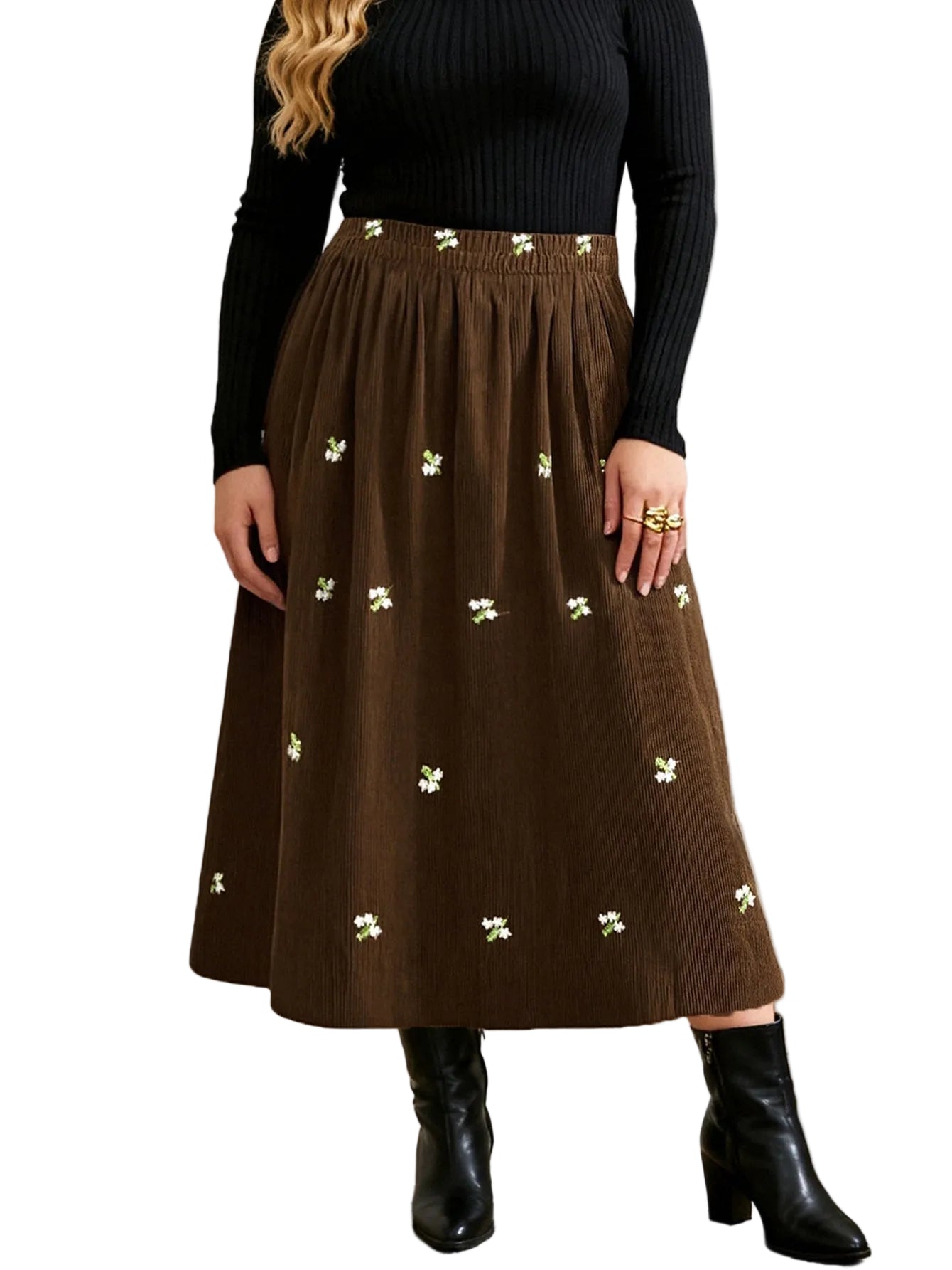 Bulk Brown Plus Size Midi Skirt with Floral 169 Pcs丨Moon Wood