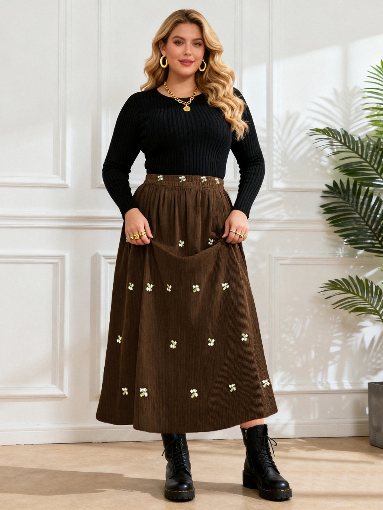 Bulk Brown Plus Size Midi Skirt with Floral 169 Pcs丨Moon Wood