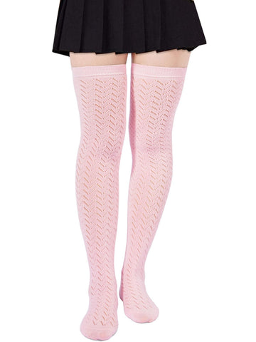 Cotton Thigh High Socks with Hollowing Mesh - Pink