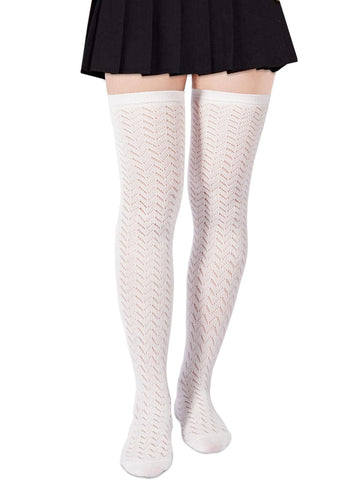 Cotton Thigh High Socks with Hollowing Mesh - White