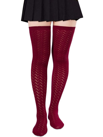 Cotton Thigh High Socks with Hollowing Mesh - Wine Red
