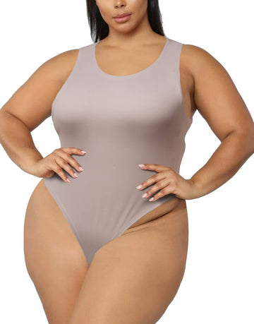 Crew Neck Sleeveless Slick Plus Size Bodysuit for Women - Khaki