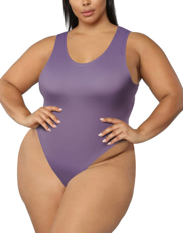 Crew Neck Sleeveless Slick Plus Size Bodysuit for Women - Lavender