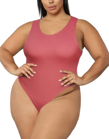 Crew Neck Sleeveless Slick Plus Size Bodysuit for Women - Magenta