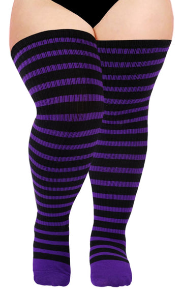 Cotton Plus Size Thigh High Socks-Black & Purple