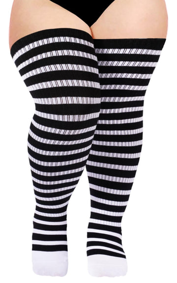 Cotton Plus Size Thigh High Socks-Black & White