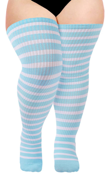 Cotton Plus Size Thigh High Socks-Blue & White