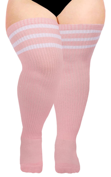 Women Knit Cotton Over the Knee High Socks-Baby Pink & White