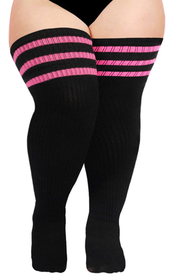 Women Knit Cotton Over the Knee High Socks-Black & Pink