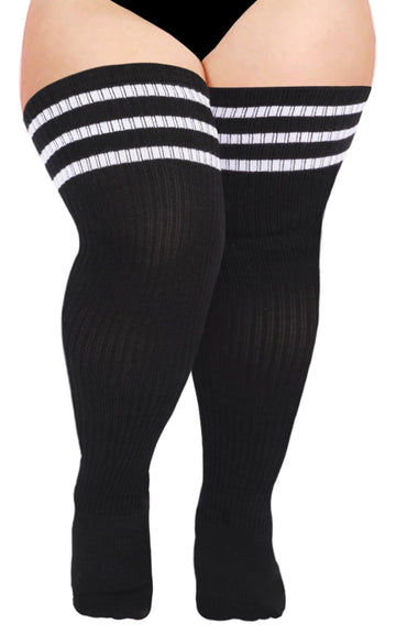 Women Knit Cotton Over the Knee High Socks-Black & White