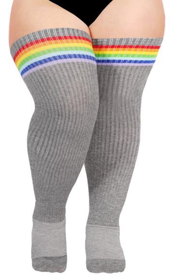 Women Knit Cotton Over the Knee High Socks-Dark Grey & Rainbow