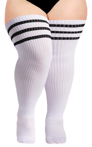Women Knit Cotton Over the Knee High Socks-White & Black
