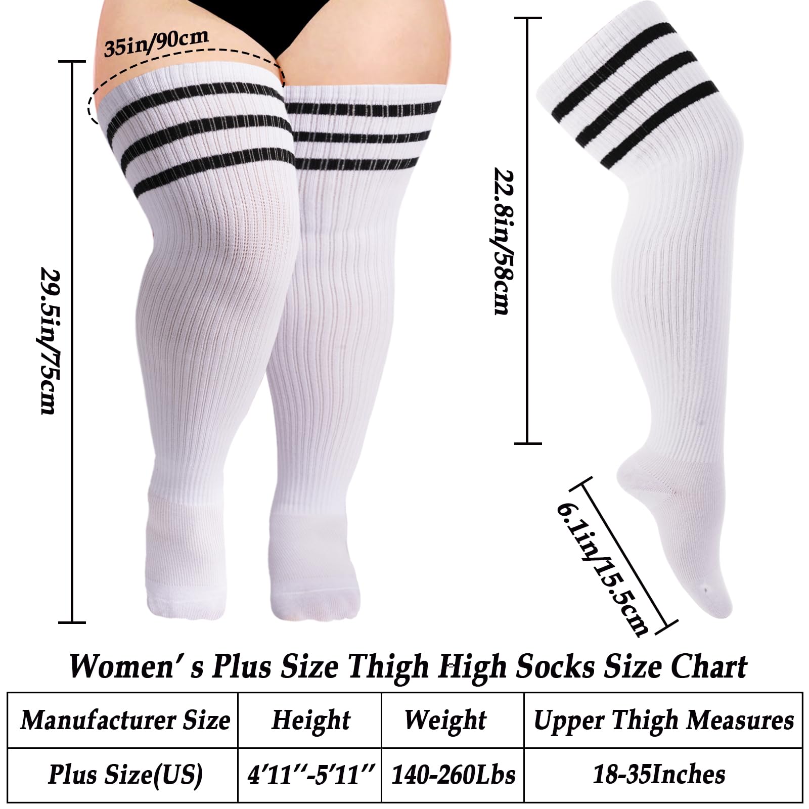 Womens Knit Cotton Extra Long Over the Knee High Socks-White & Black - Moon Wood