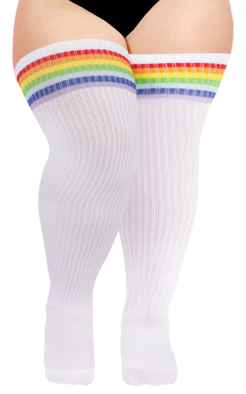 Women Knit Cotton Over the Knee High Socks-White & Rainbow