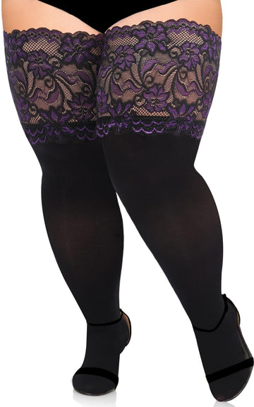 55D Semi Sheer 6.88IN Silicone Lace Top Stay Up Thigh High-Black & Purple