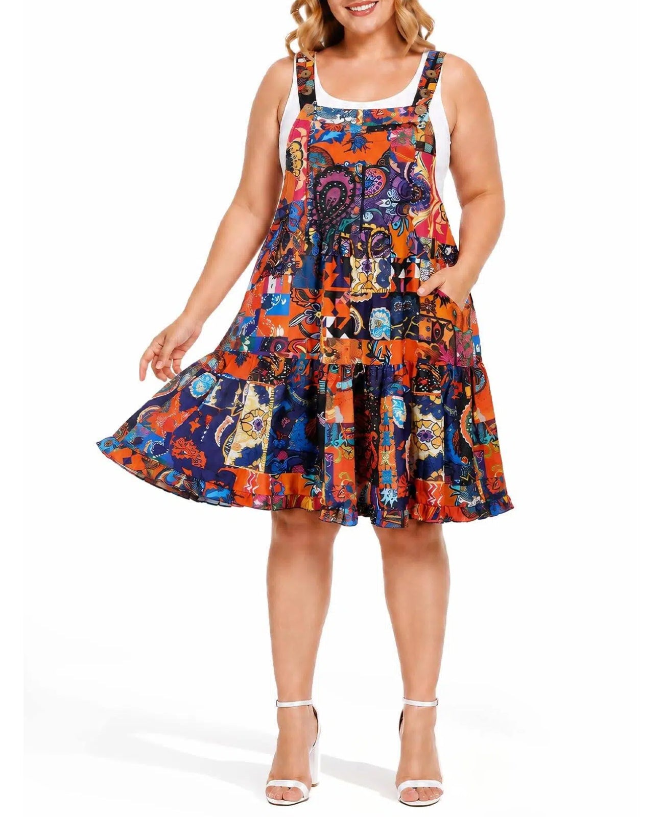 Plus Size Bib Overall Dress Tiered Mini Dress - Boho Orange