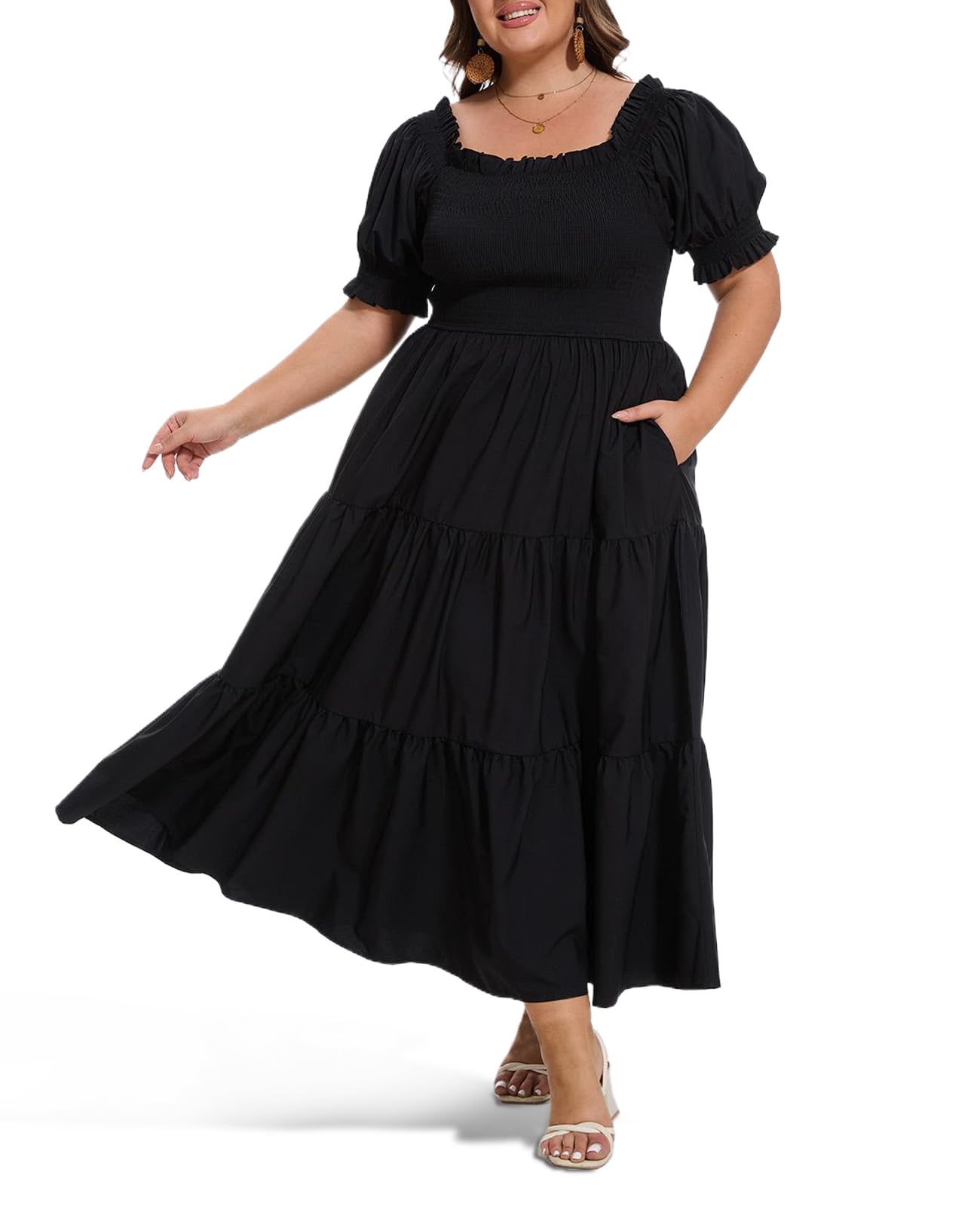 Plus Size Casual Maxi Dress Square Neck-Black Moon Wood