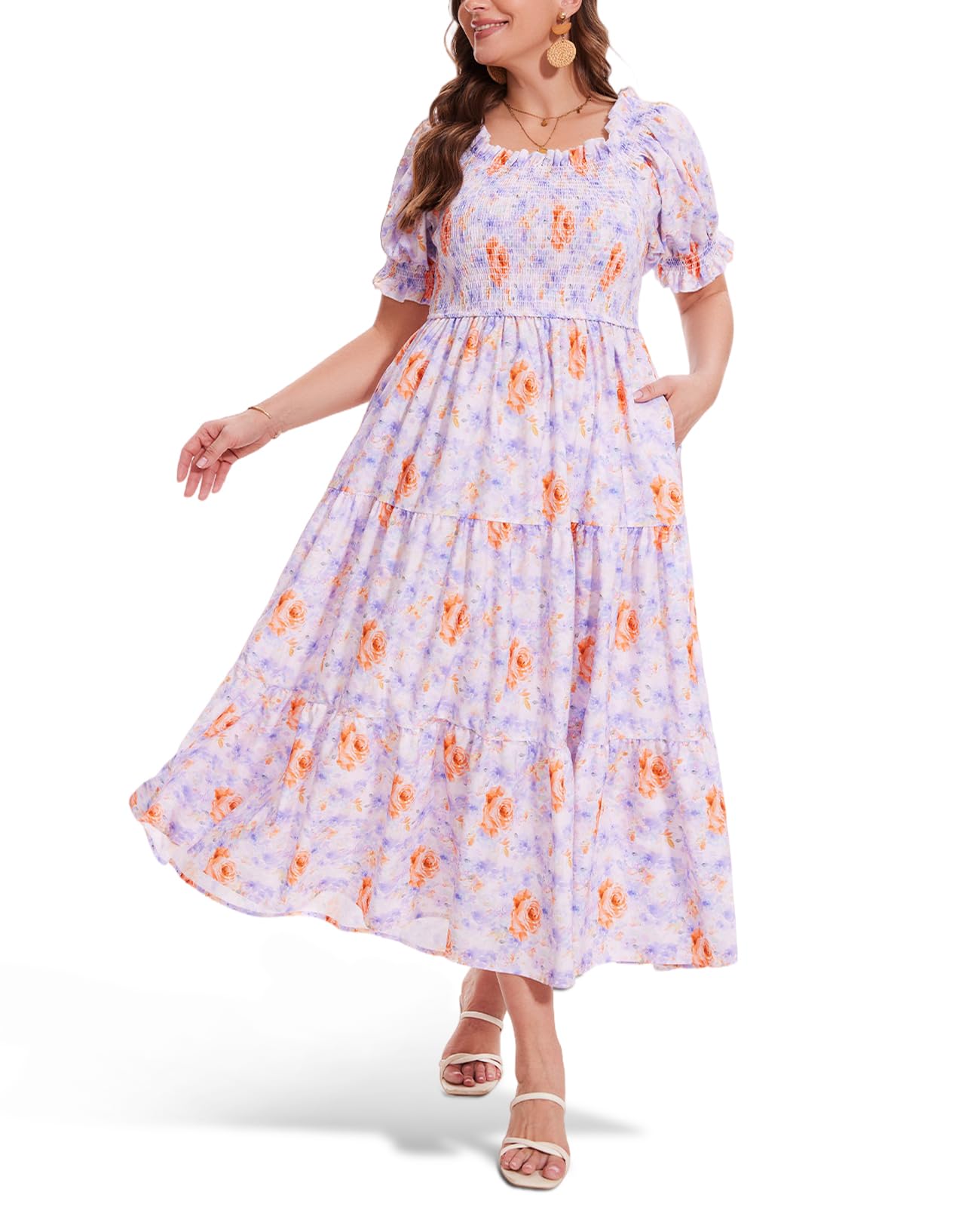Plus Size Casual Maxi Dress Square Neck-Oil Painting Purple, 3XL Plus Size Casual Maxi Dress Square Neck-Oil Painting Purple, 3XL