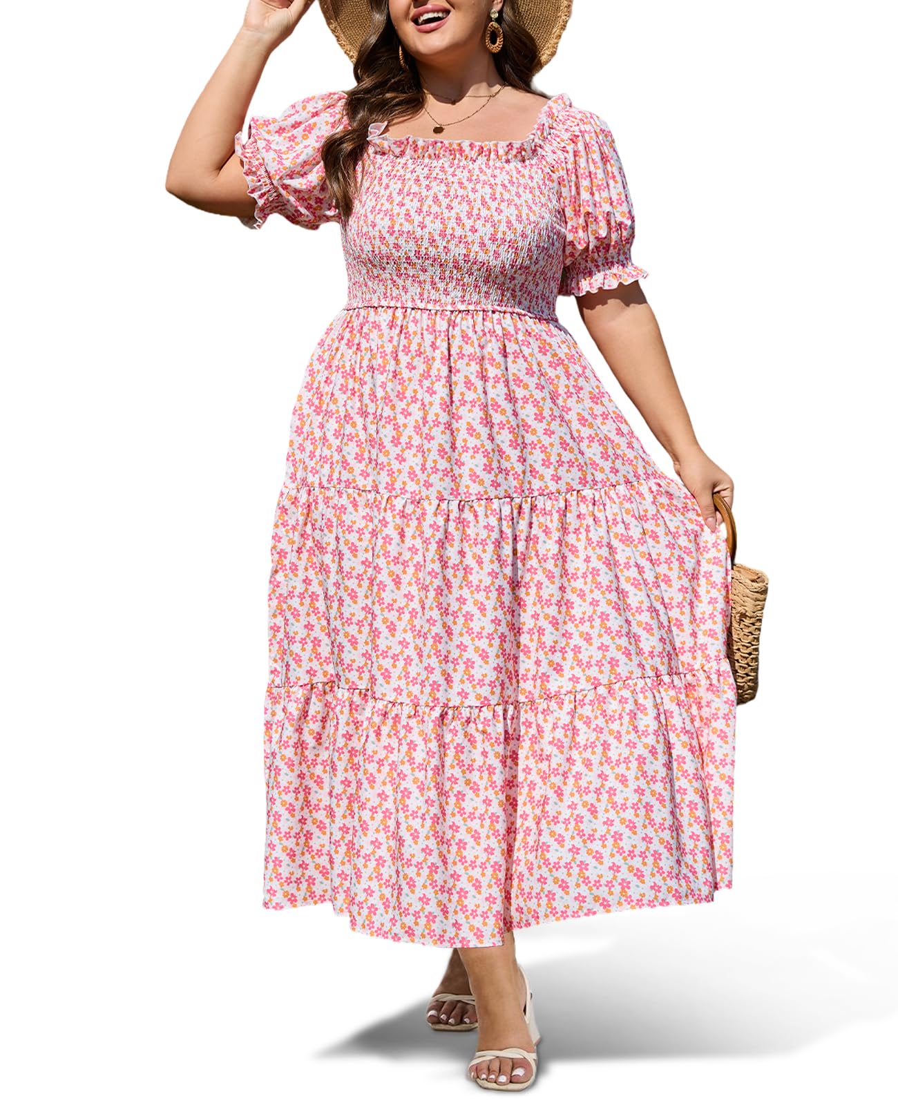 Plus Size Casual Maxi Dress Square Neck-Pink&White Flower, 3XL Plus Size Casual Maxi Dress Square Neck-Pink&White Flower, 3XL