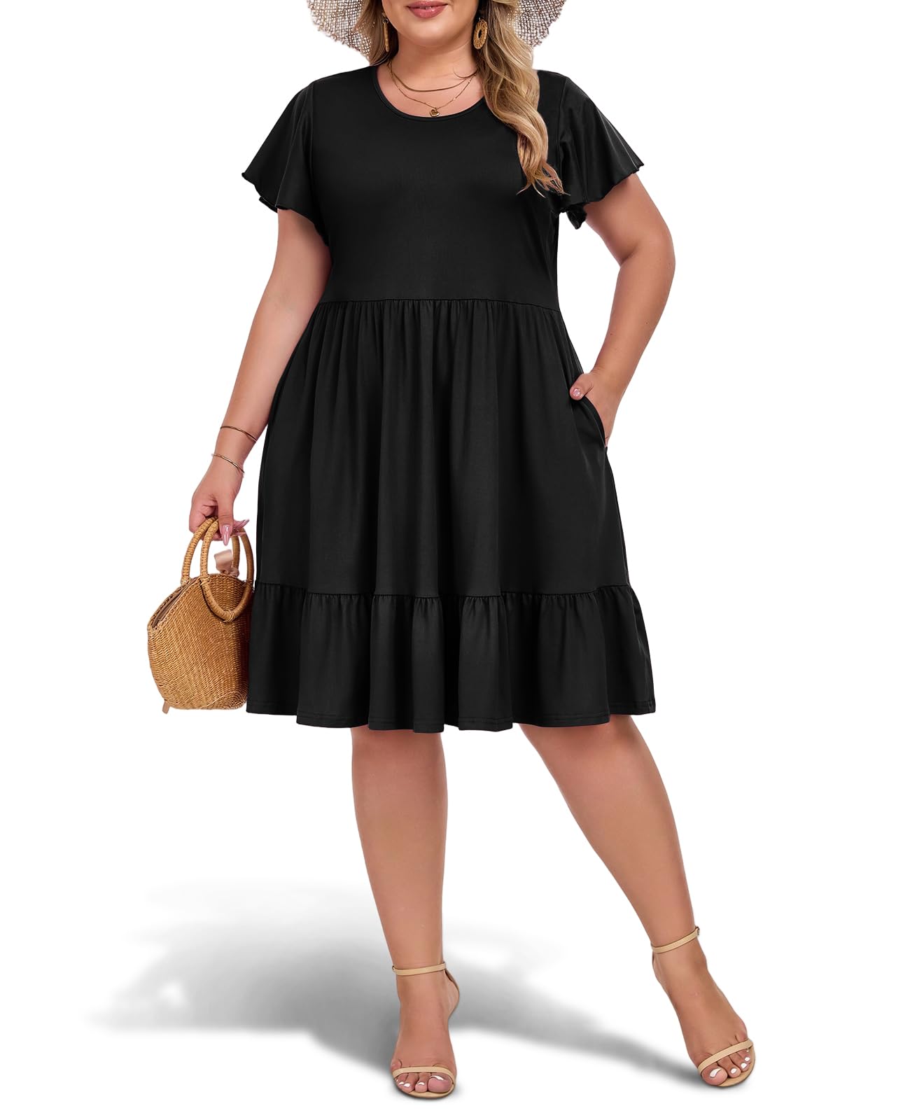 Plus Size Casual Midi Dress with Pockets - Black, XL Plus Size Casual Midi Dress with Pockets - Black, XL