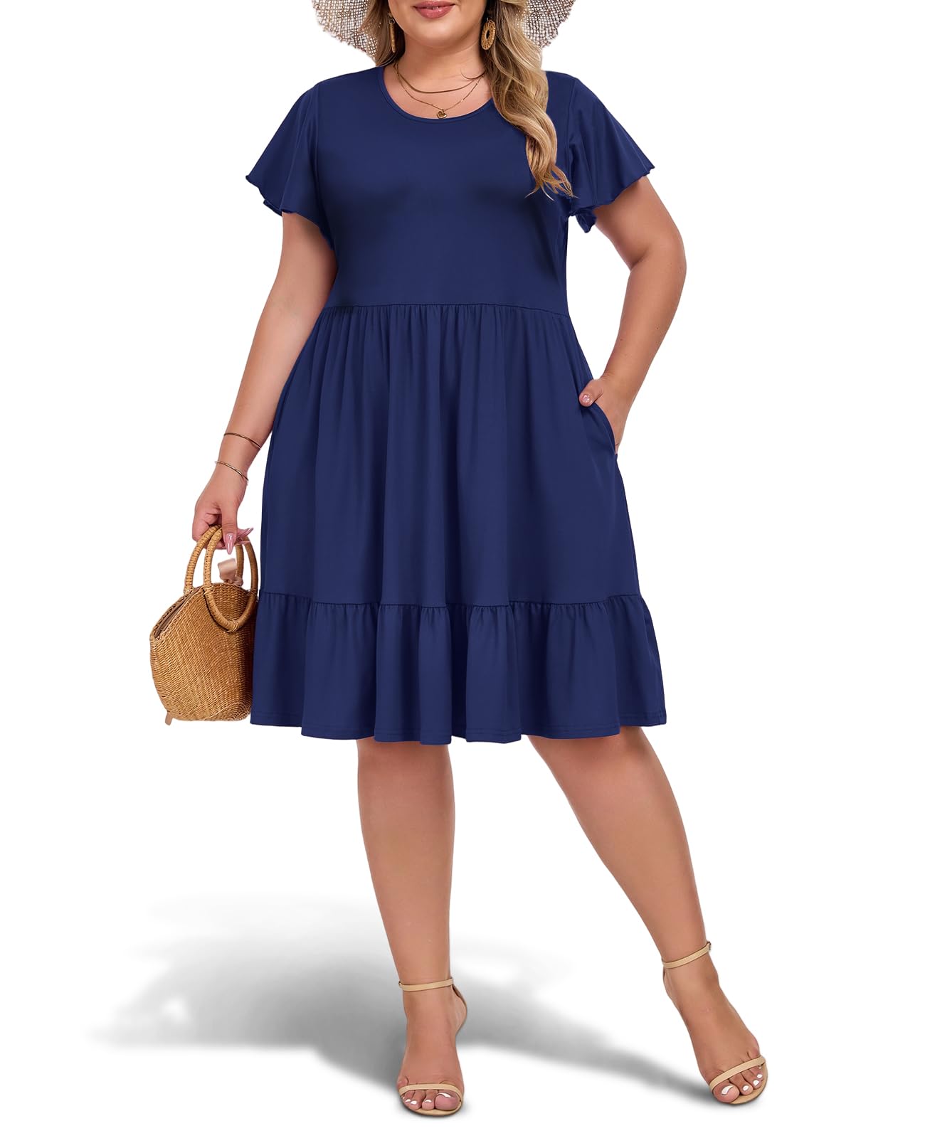 knee length dresses for ladies Women Navy Blue & White Polka Dot Printed Mandarin Collar Neck Crepe  Pleated Fit & Flare Midi Dress main image 0