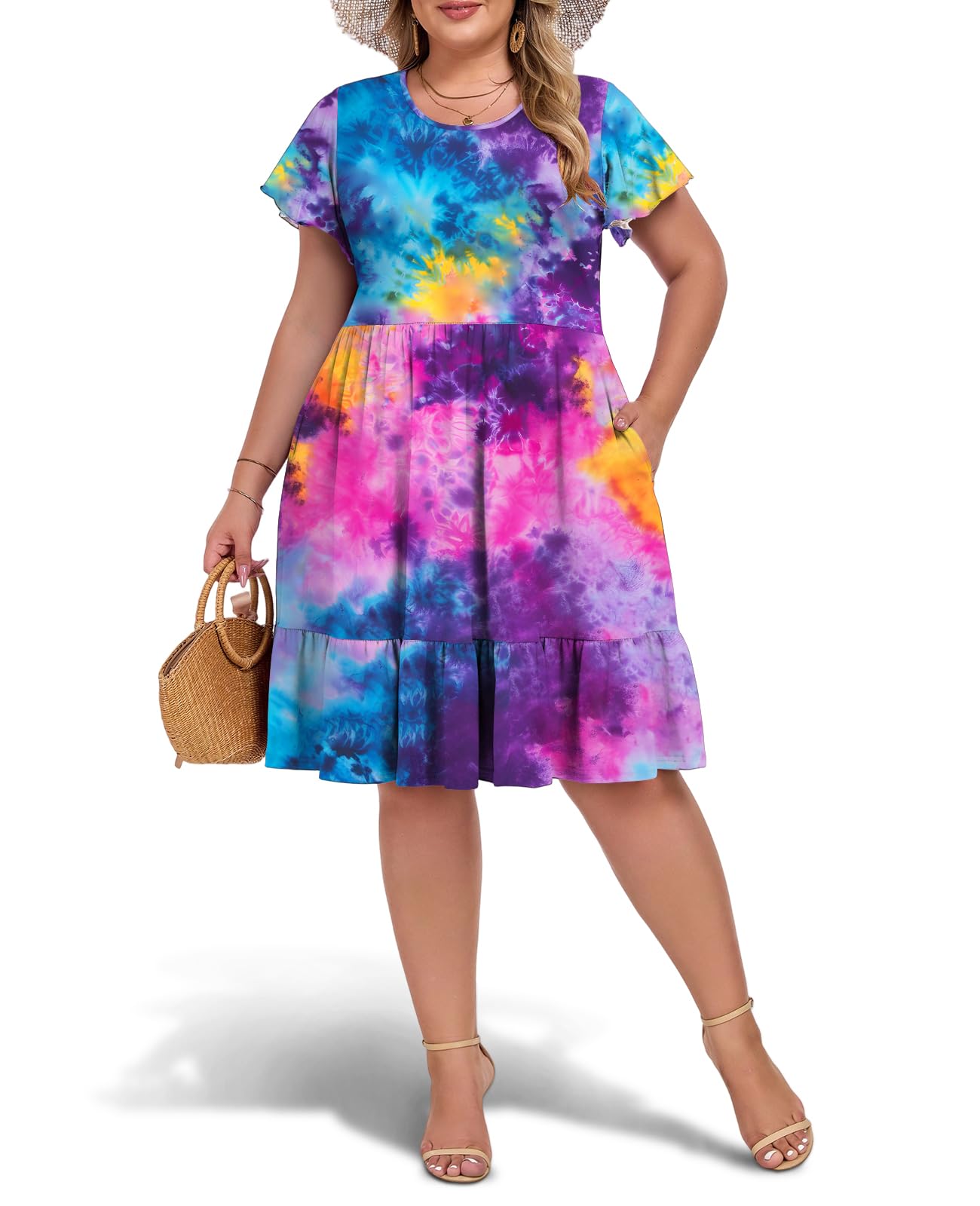Plus Size Casual Midi Dress with Pockets - Tie Dye, XXL Plus Size Casual Midi Dress with Pockets - Tie Dye, XXL