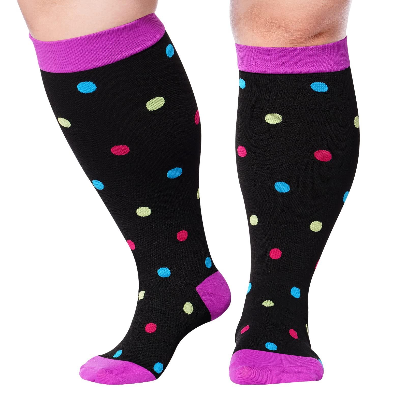 Plus Size Compression Socks for Wide Calf-Purple Black Dot, 1XL-2XL