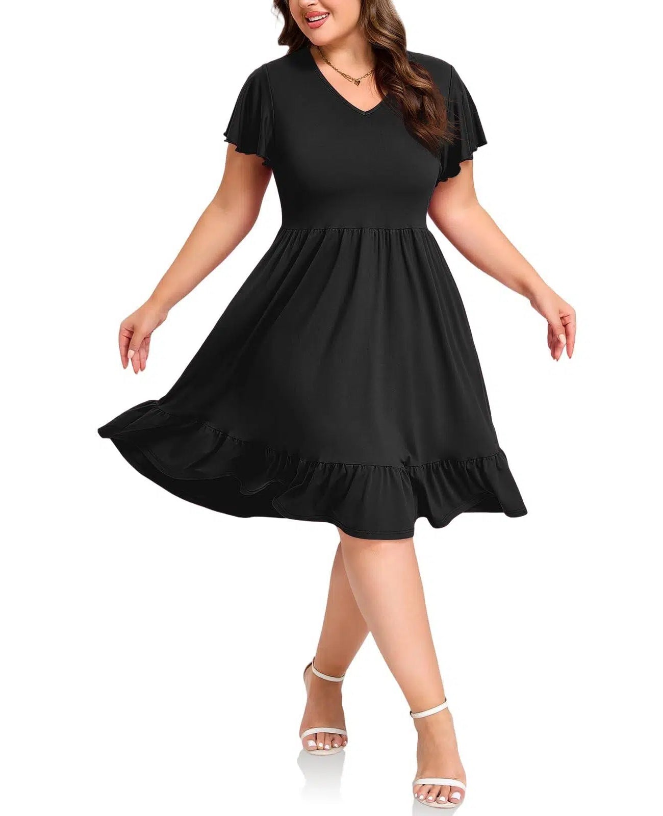 Plus Size Dress Casual V Neck Ruffle - Black | Moon Wood Plus Size Dress Casual V Neck Ruffle - Black | Moon Wood