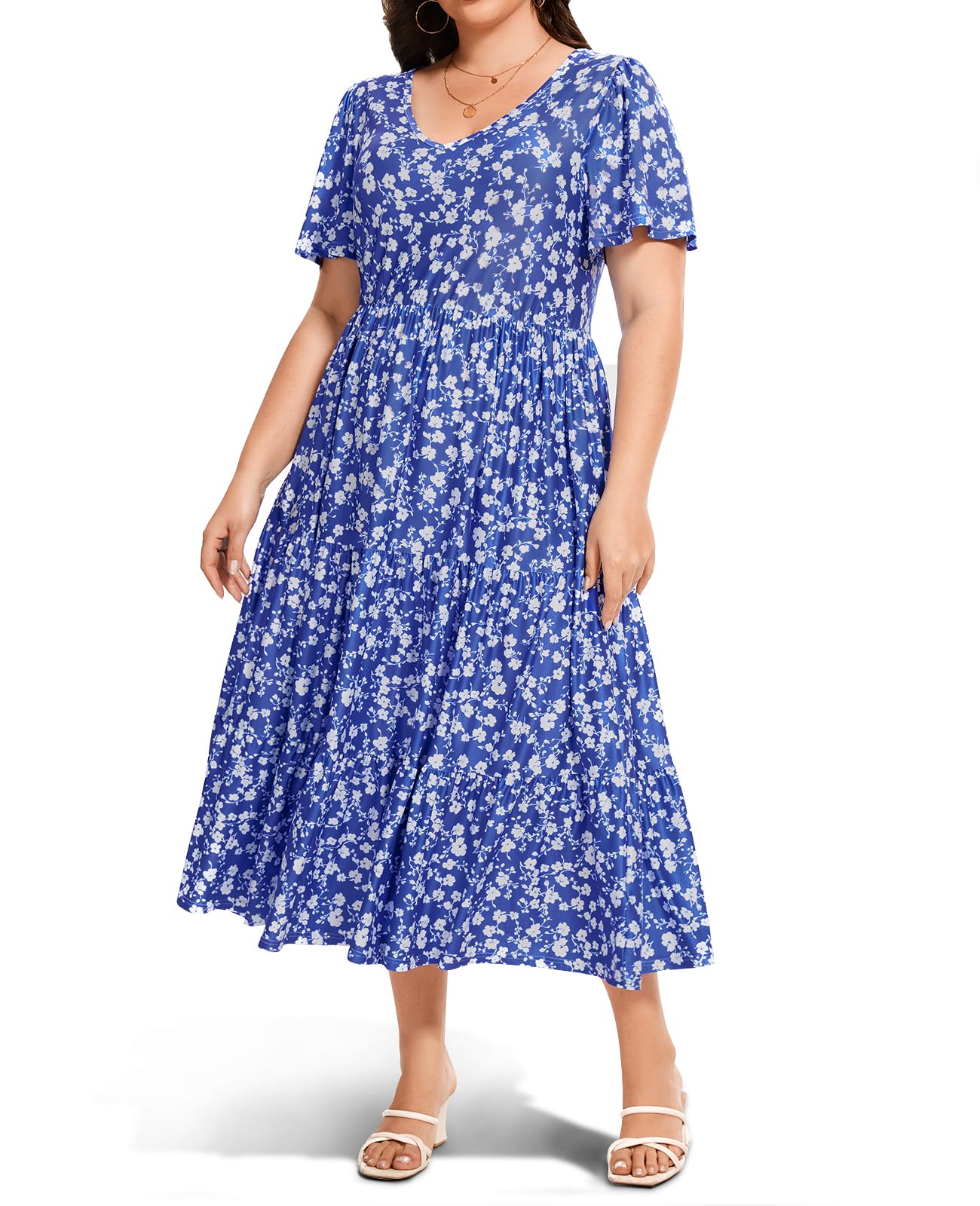 Plus Size Dress Floral V-Neck Short Sleeve - Blue