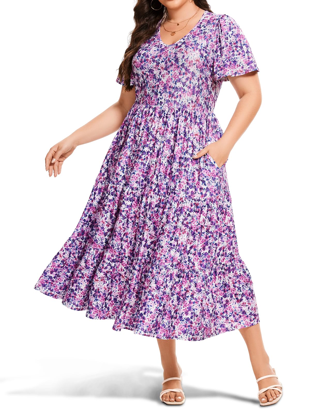 Plus Size Dress Floral V-Neck Short Sleeve - Violet