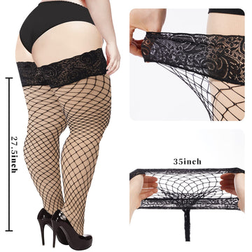 Plus Size Fishnet Stockings Sheer Silicone Lace - Black Medium Mesh