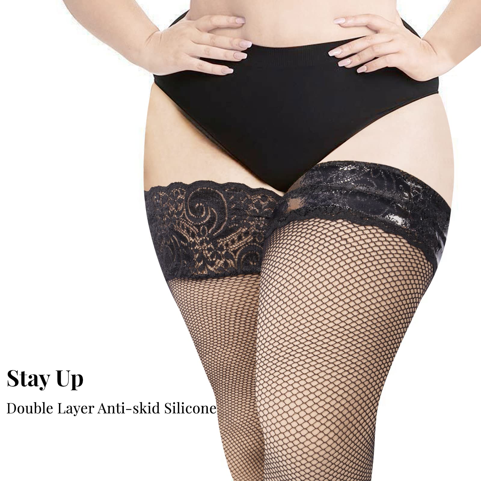 Plus Size Fishnet Stockings Sheer Silicone Lace - Black Small Mesh - Moon Wood