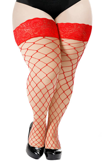Plus Size Fishnet Stockings Sheer Silicone Lace - Red Large Mesh