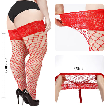 Plus Size Fishnet Stockings Sheer Silicone Lace - Red Medium Mesh