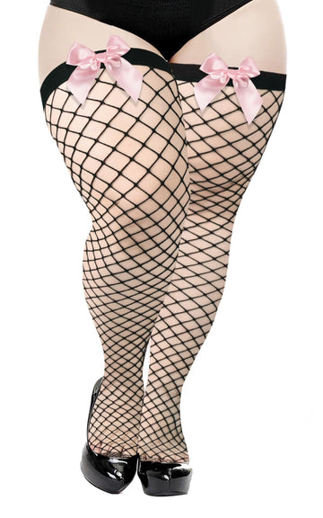 Plus Size Fishnet Stockings with Bows - Pink