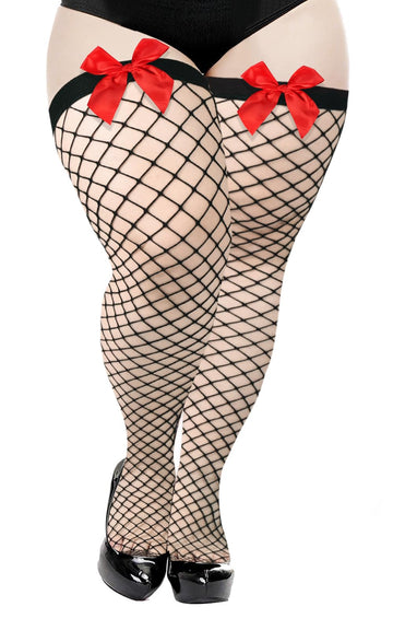 Plus Size Fishnet Stockings with Bows - Red