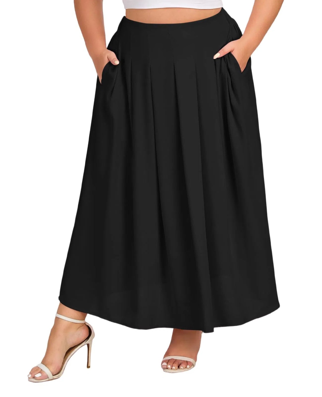 Plus Size Flowy Maxi Skirt Pleated A-Line - Black | Moon Wood