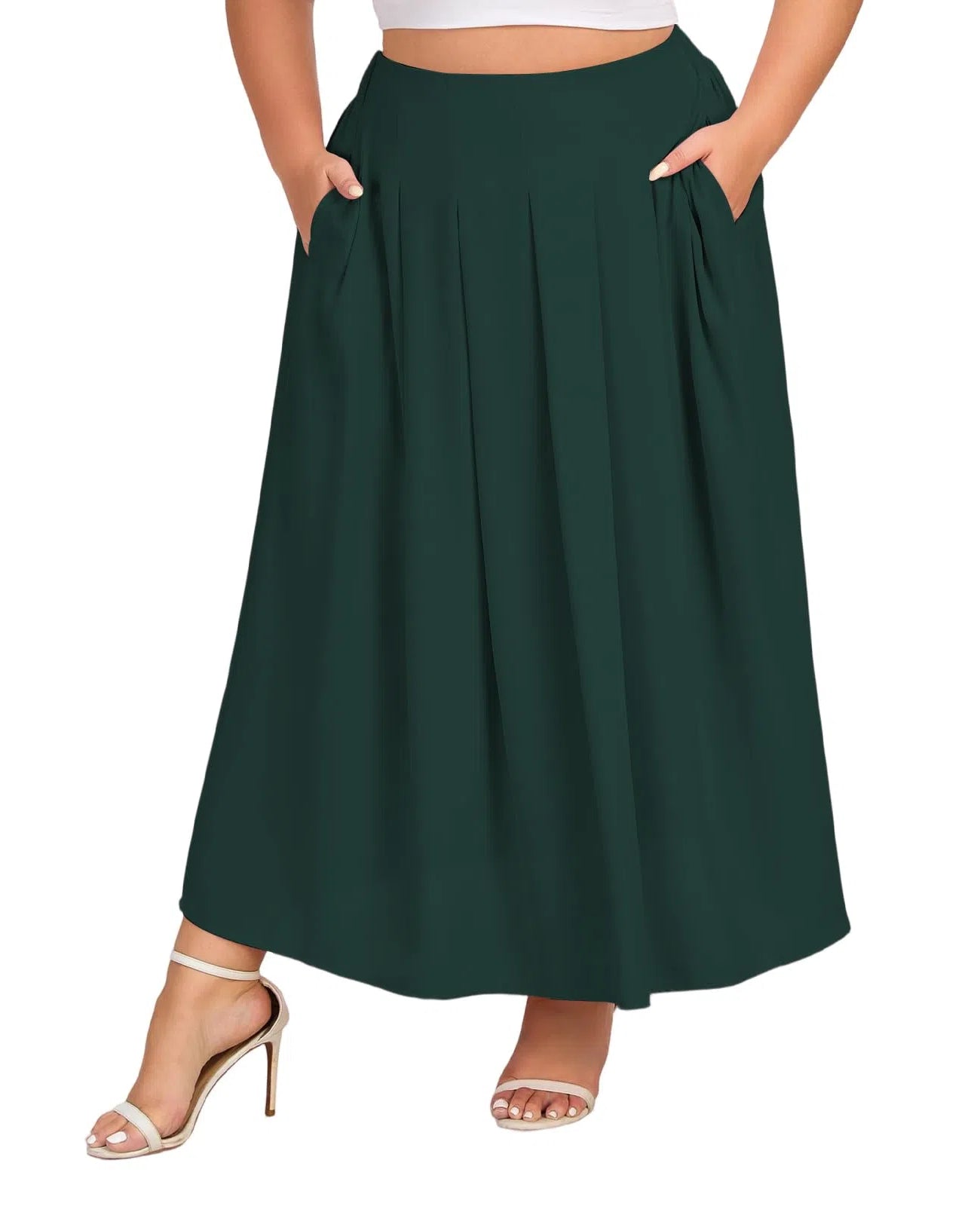 Plus Size Flowy Maxi Skirt Pleated A-Line - Dark Green | Moon Wood