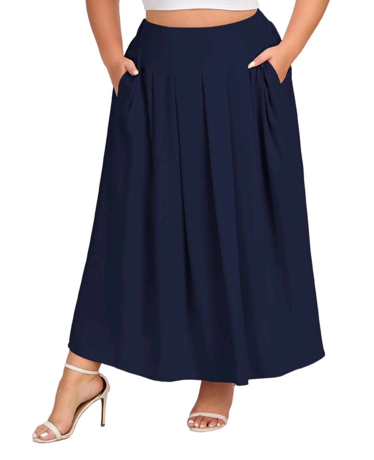 Plus Size Flowy Maxi Skirt Pleated A-Line - Navy Blue | Moon Wood