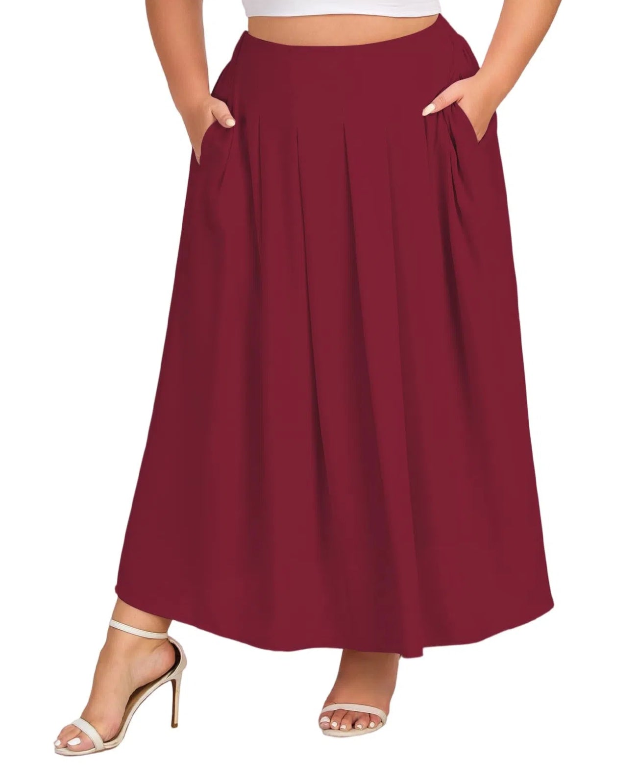 Plus Size Flowy Maxi Skirt Pleated A-Line - Wine Red | Moon Wood