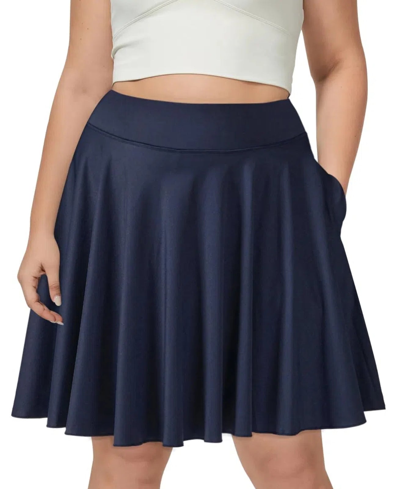 Plus Size Knee Length Skirts High Waisted Navy Blue
