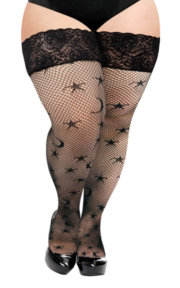 Plus Size Lace Top Fishnet Thigh High Stockings - Black Sky