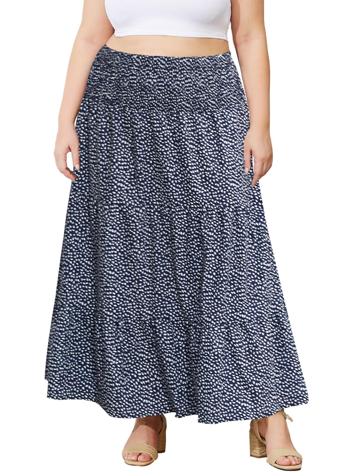 Plus Size Maxi Skirt High Waist Pleated Flowy Floral Navy Blue Print