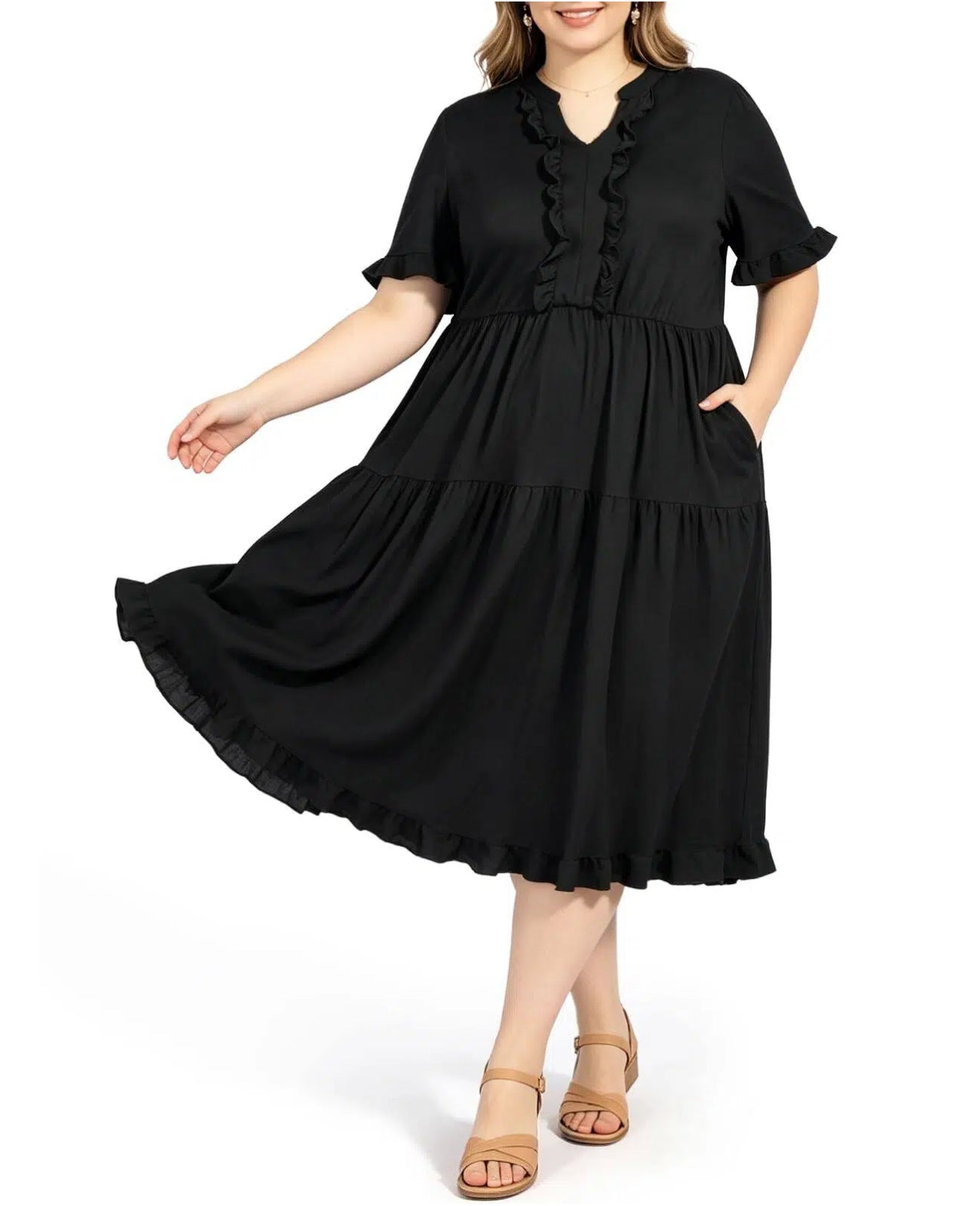 Plus Size Midi Dress Ruffle V-Neck - Black
