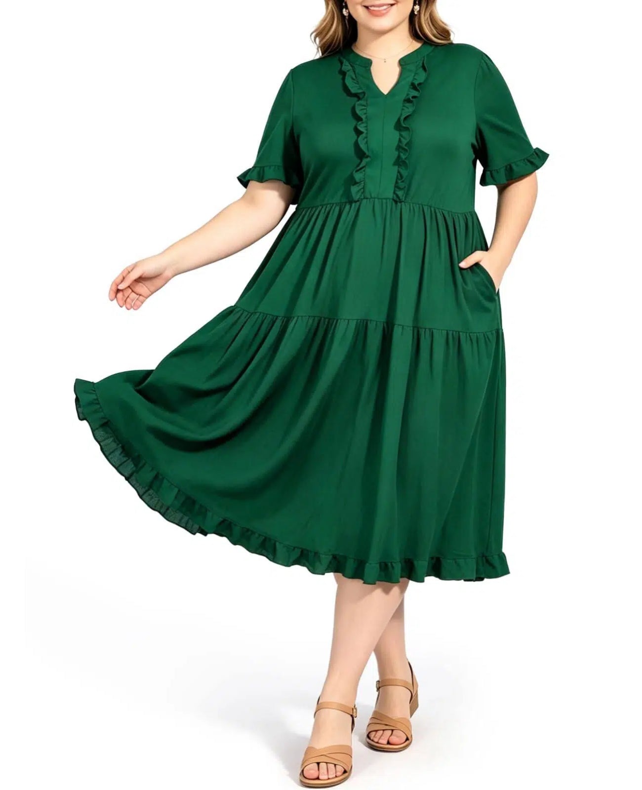 dark green midi dress with sleeves Plus Size Midi Dress Ruffle V-Neck - Dark Green