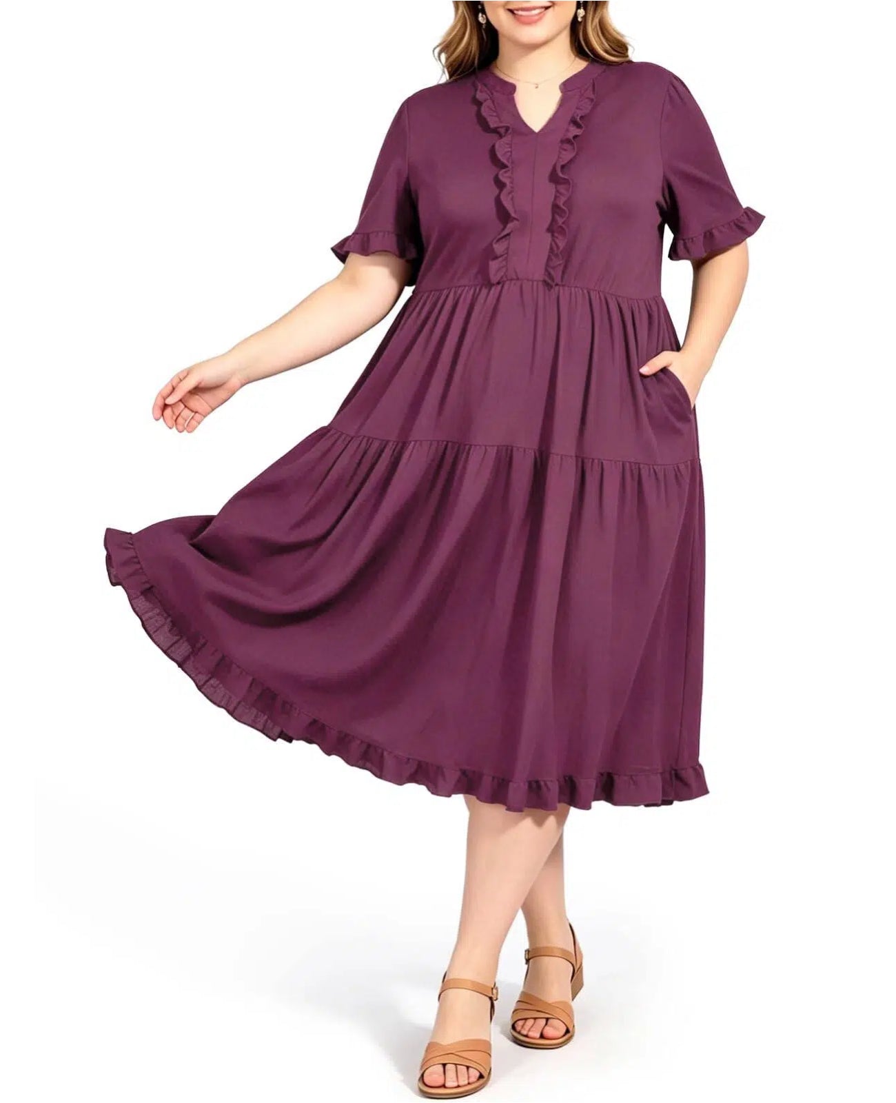 purple plus size formal dresses Plus Size Midi Dress Ruffle V-Neck - Purple